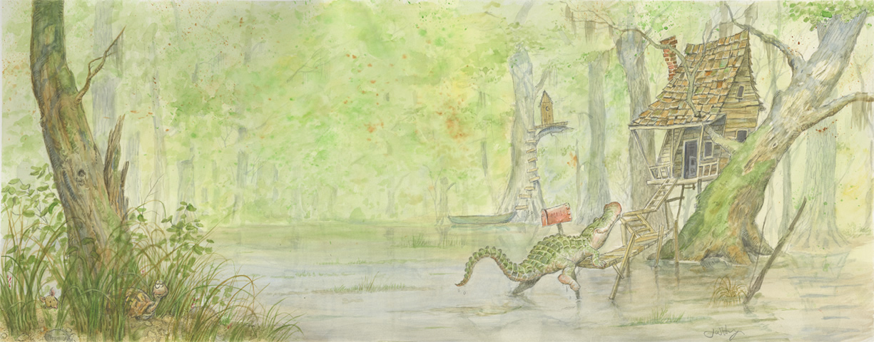 Illustration:  ‘GATOR IN DE SWAMP’ (Claude the alligator visits Grandma’s house in the Louisiana swamp.)   Original painting by Jim Harris, children’s illustrator.
